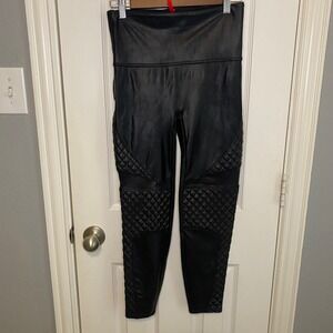 Spanx Leggings Womens Large Petite LP Faux Leather Moto Black Quilted High Waist
